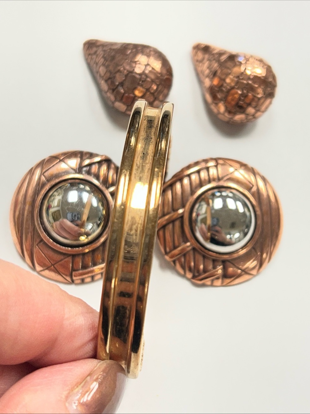 MCM Designer Jewelry Gold-Tone Bangle Bracelet with Copper Accent Earrings